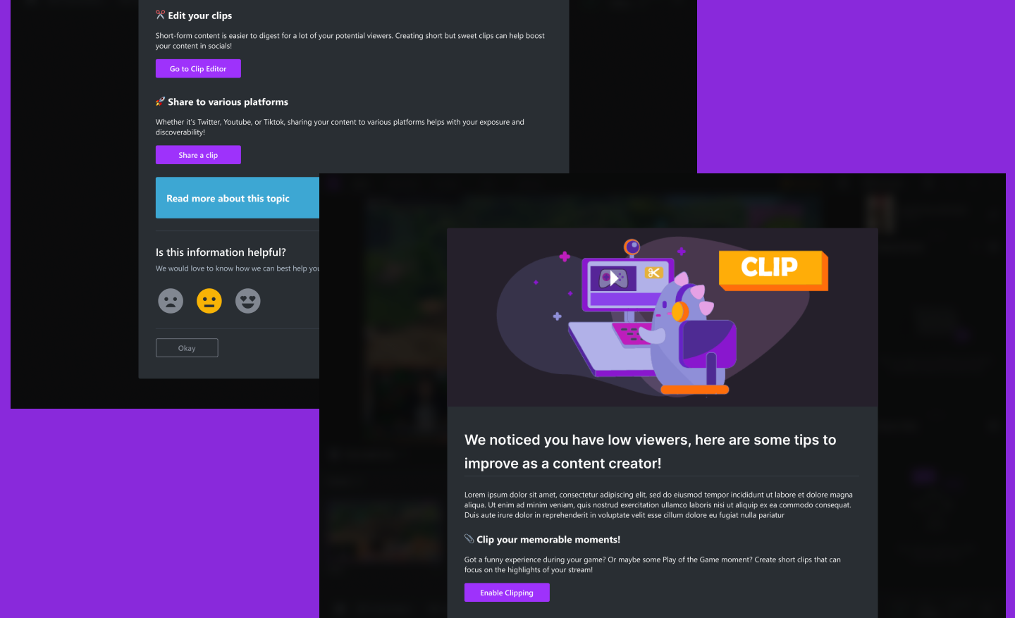 A screenshot of Gamecaster's Education content, where Gamecaster gives you tips about content creation