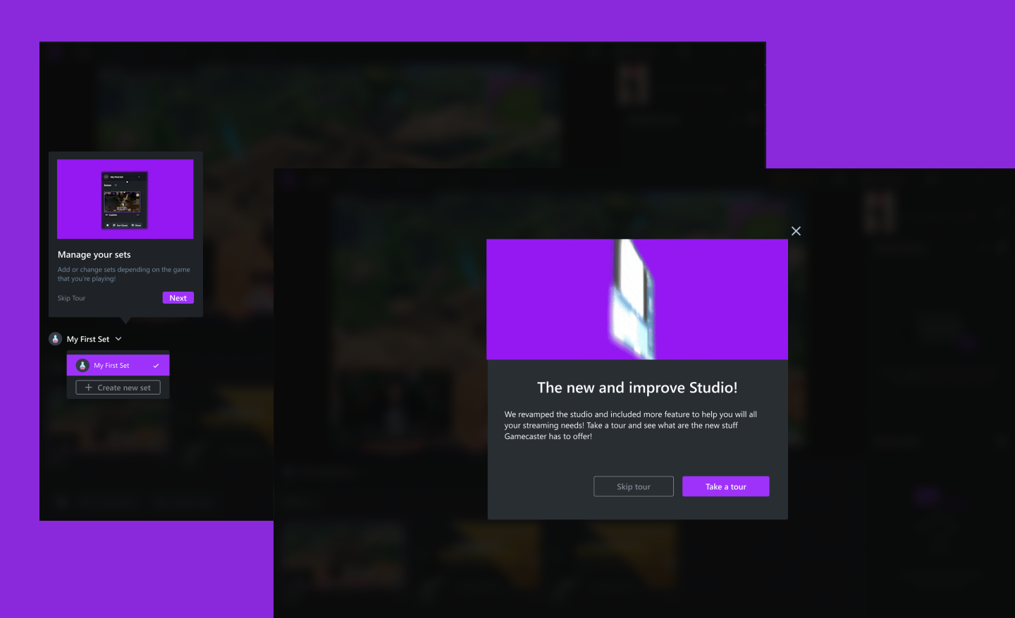 A screenshot of Gamecaster's Feature Tour, where Gamecaster takes you through a tour of the UI if there are any new updates