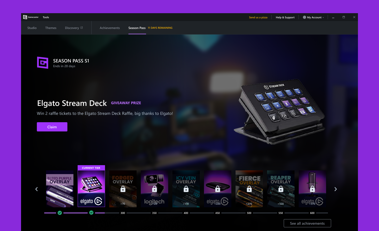 A screenshot of Gamecaster's Season Pass, where you can claim different giveaways and raffle entries for hardware prizes everytime you log in daily