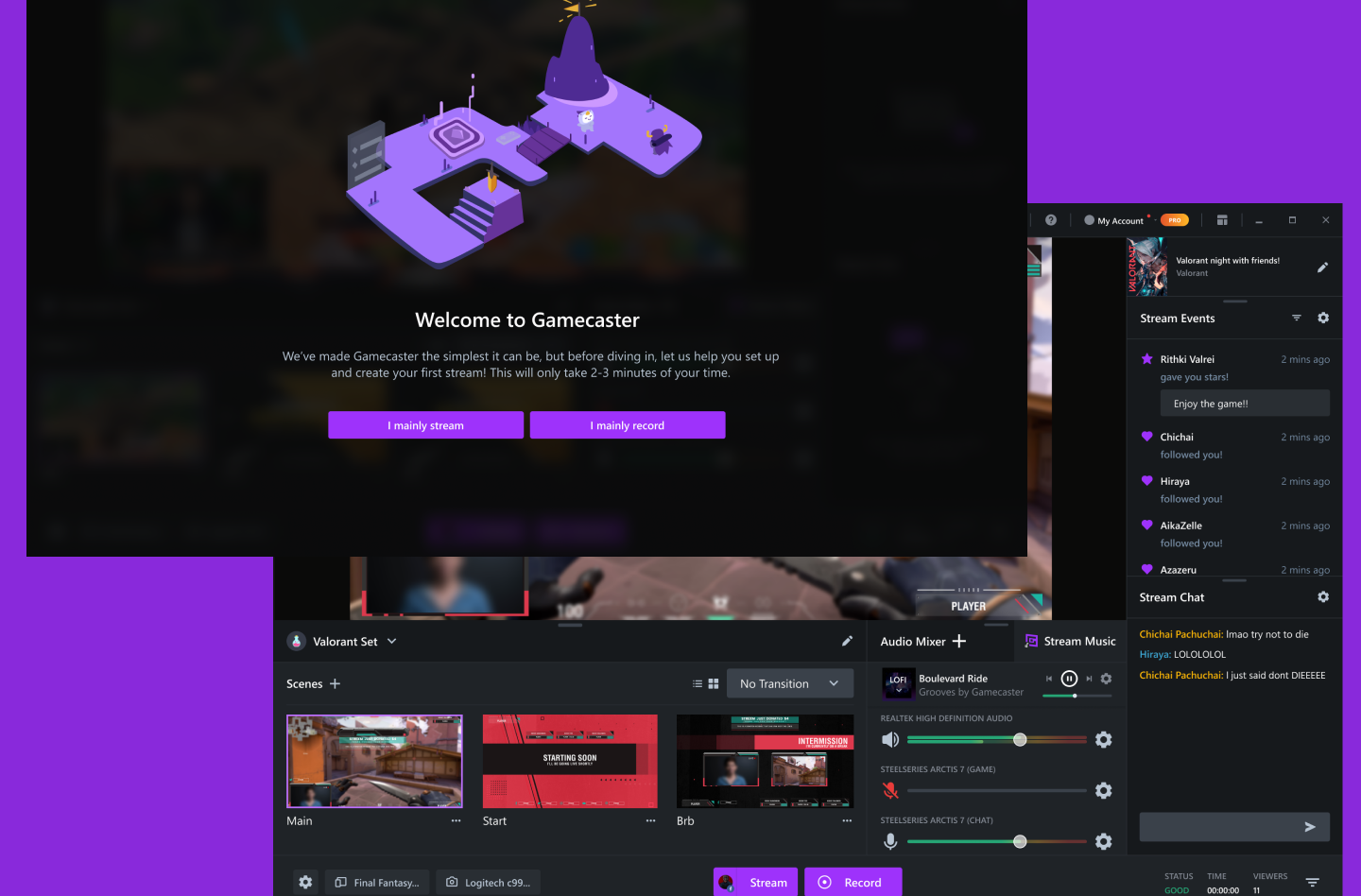 Screenshot of the Gamecaster app, showing a sample game stream and the available controls and features in Gamecaster
