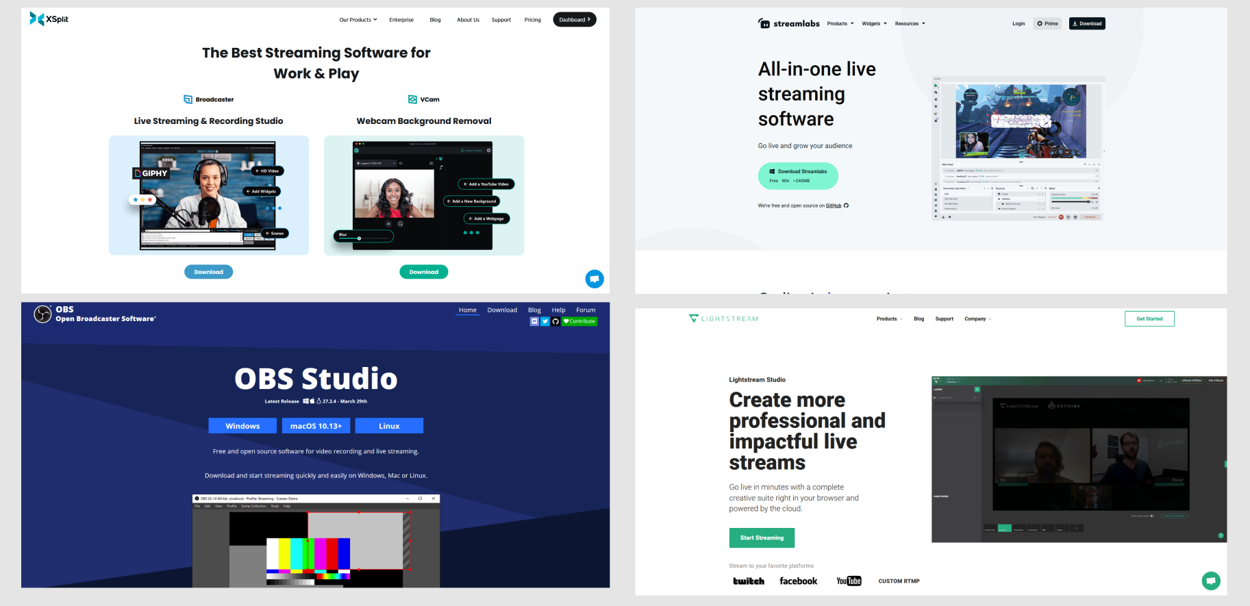 Screenshots of several websites: XSplit, Streamlabs OBS, OBS Studio, and Lightstream