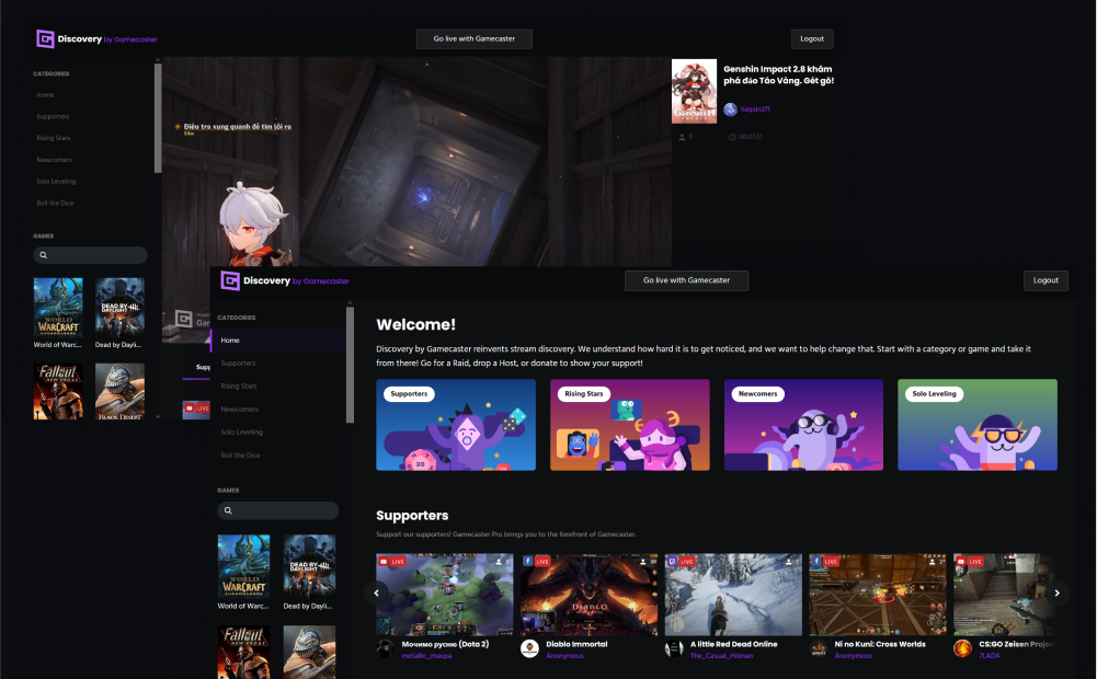 Screenshot of the Discovery platform, which features different streams from Twitch, Youtube, and Facebook