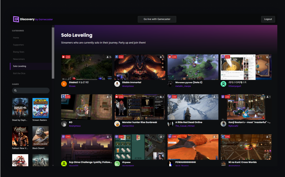 Screenshot of the Discovery platform, which features different streams from Twitch, Youtube, and Facebook